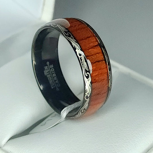 Black Tungsten Carbide Ring with Koa Wood & Silver Patterned Edges