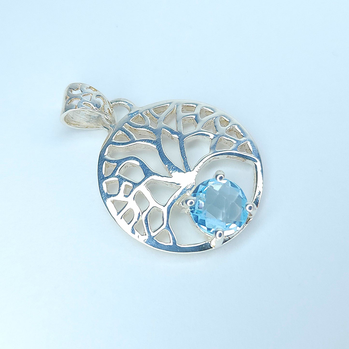 Blue Topaz in Silver Tree of Life Pendant