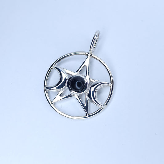 Black Onyx in Silver Tripple Goddess Pentacle Pendant