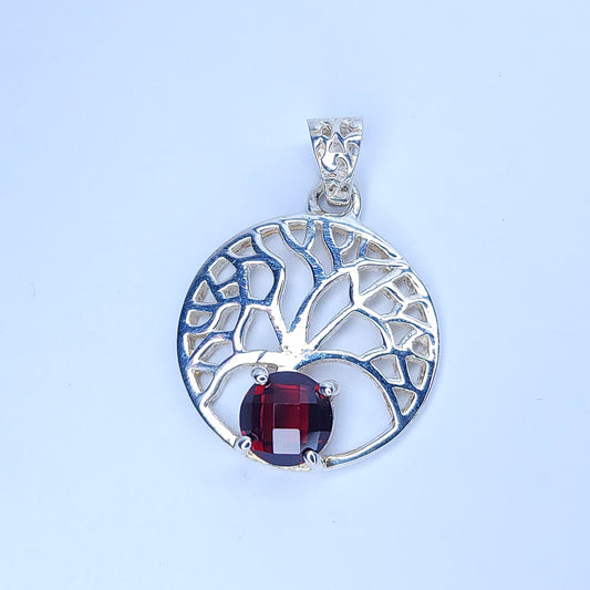 Garnet in Silver Tree of Life Pendant