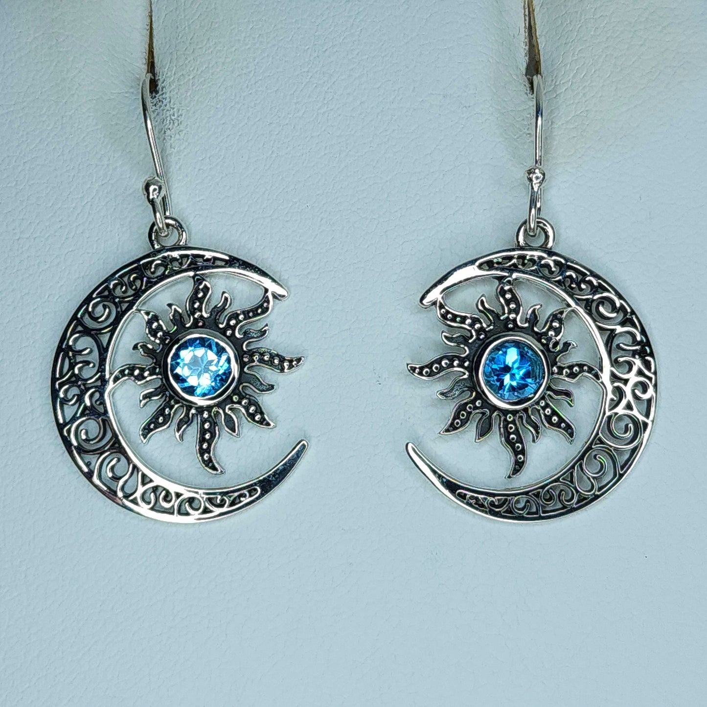 Blue Topaz in Silver Sun and Moon Earrings