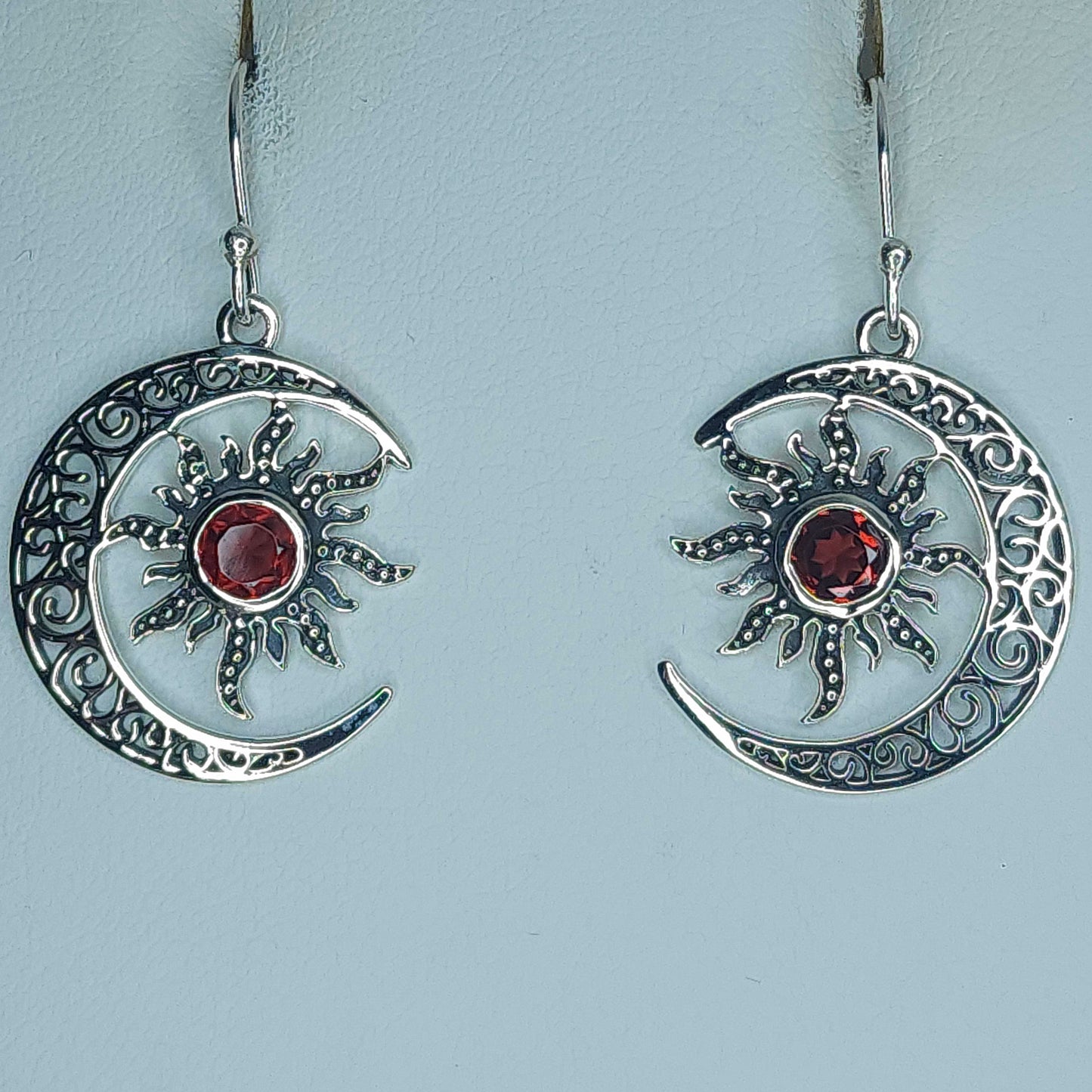 Garnet in Silver Sun and Moon Earrings