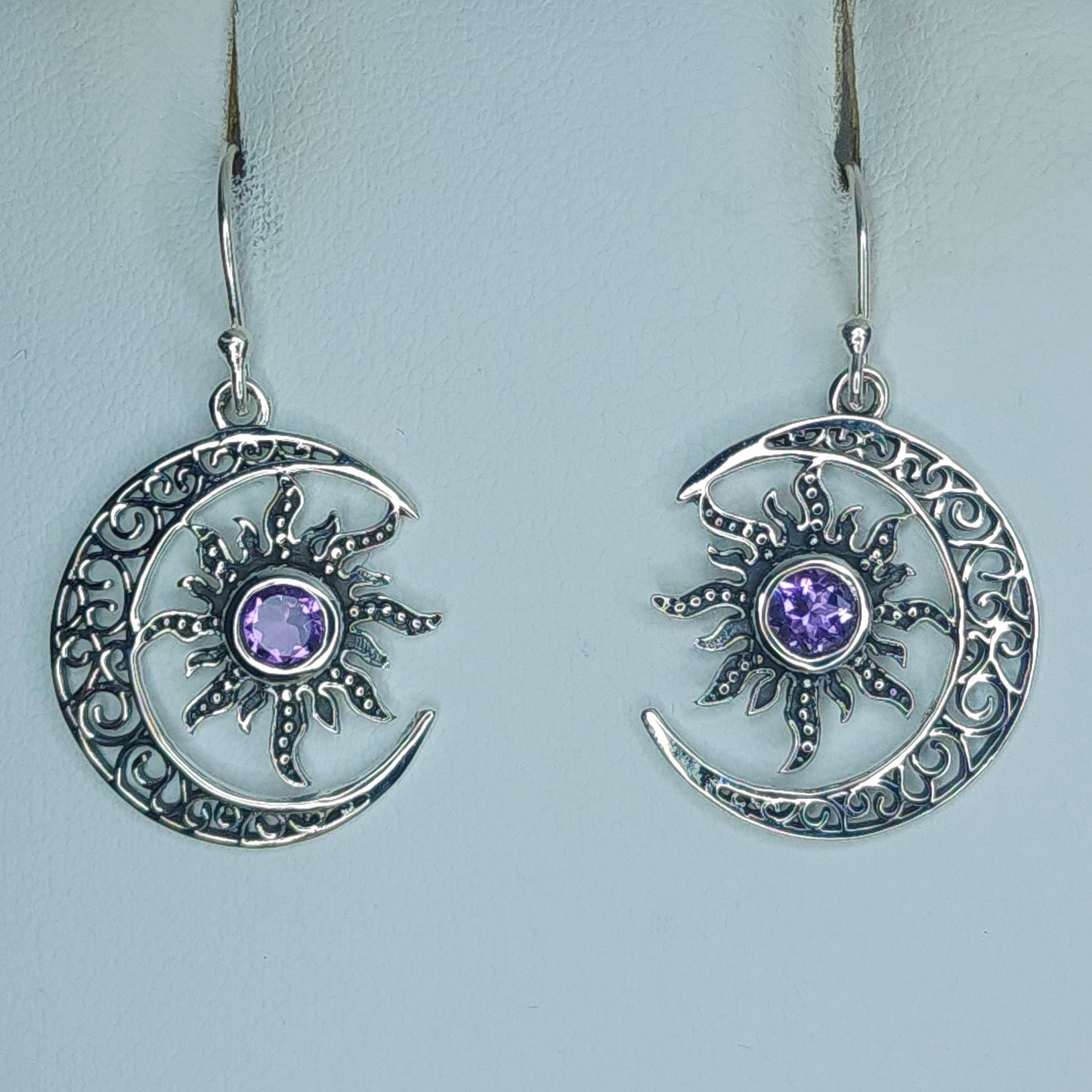 Amethyst in Silver Sun and Moon Earrings