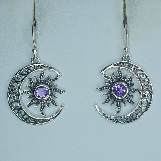 Amethyst in Silver Sun and Moon Earrings