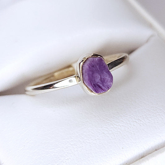 Semi-Rough Charoite Ring in Sterling Silver
