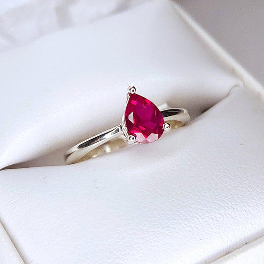 Faceted Ruby Teardrop Ring in Sterling Silver