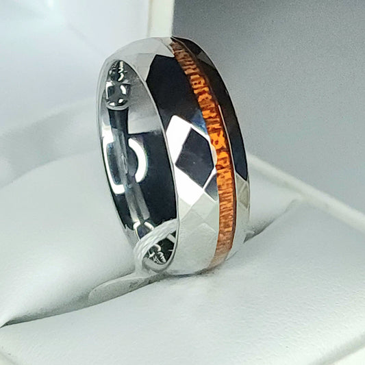 Faceted Tungsten Carbide and Koa Wood Ring