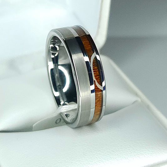 Tungsten Carbide Ring with Koa Wood & Matte Metal Strip