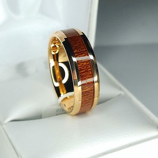 Gold-Plated Tungsten Carbide Ring with Koa Wood Inlay