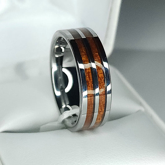Tungsten Carbide Ring with Dual Koa Wood Inlays