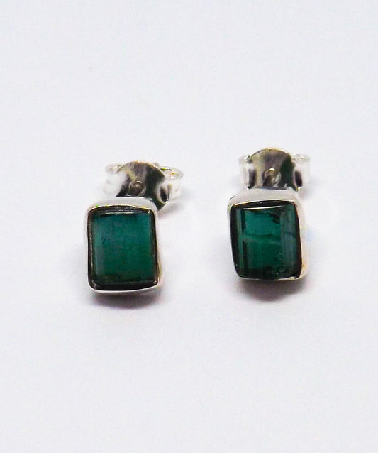 Raw Green Tourmaline Stud Earrings in Sterling Silver