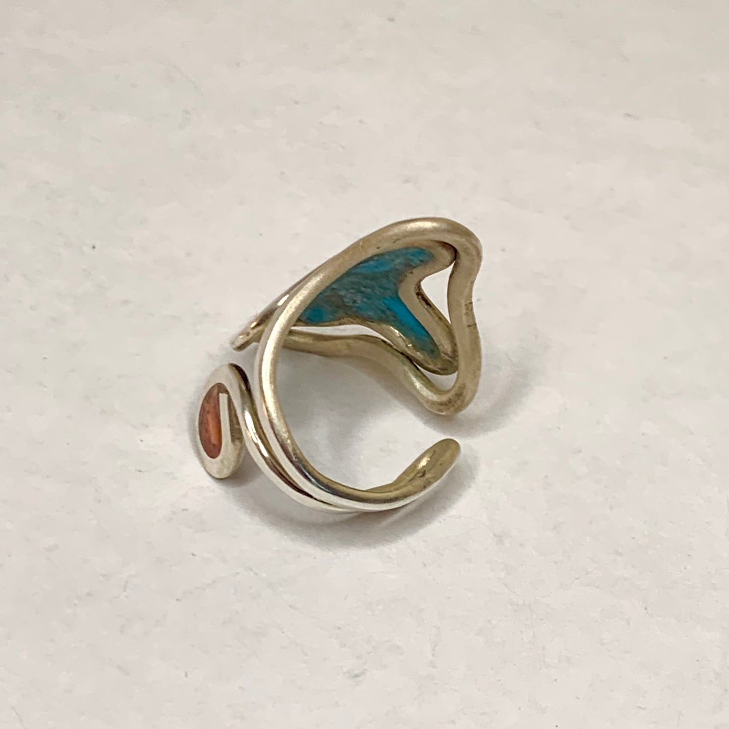 Adjustable Turquoise and Coral Silver Inlay Ring