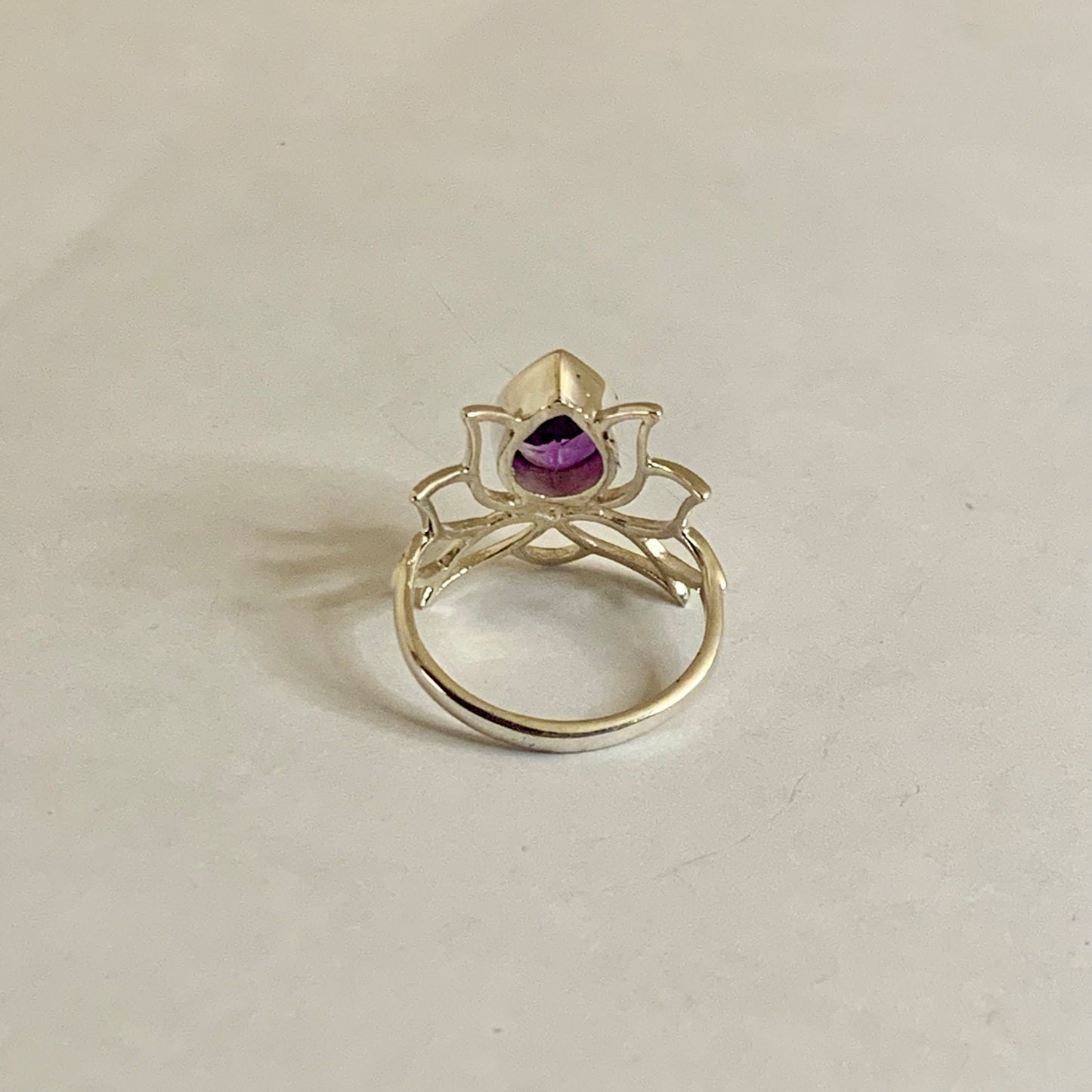 Faceted Amethyst Silver Lotus Ring