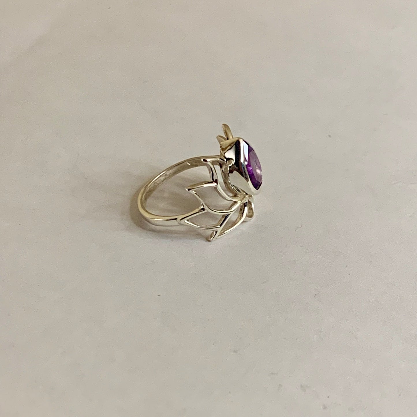 Faceted Amethyst Silver Lotus Ring