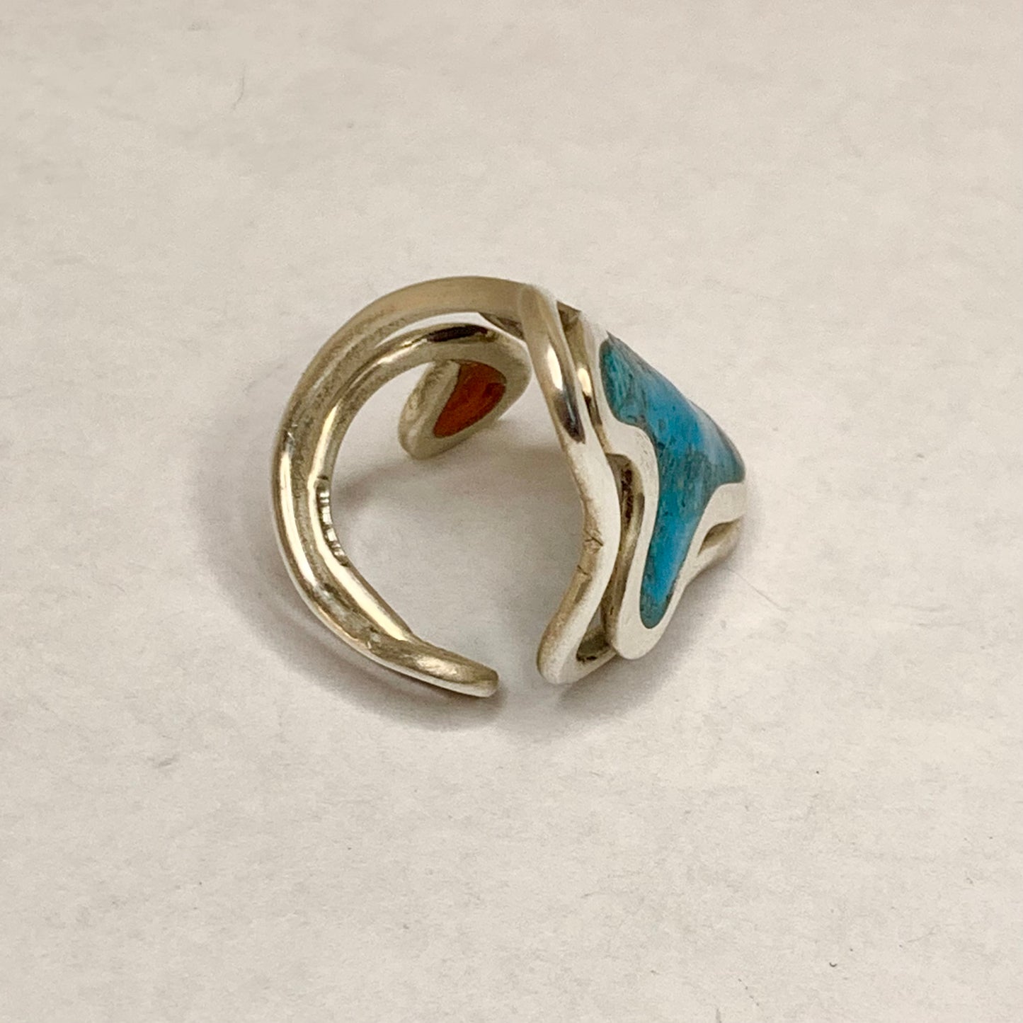 Adjustable Turquoise and Coral Silver Inlay Ring