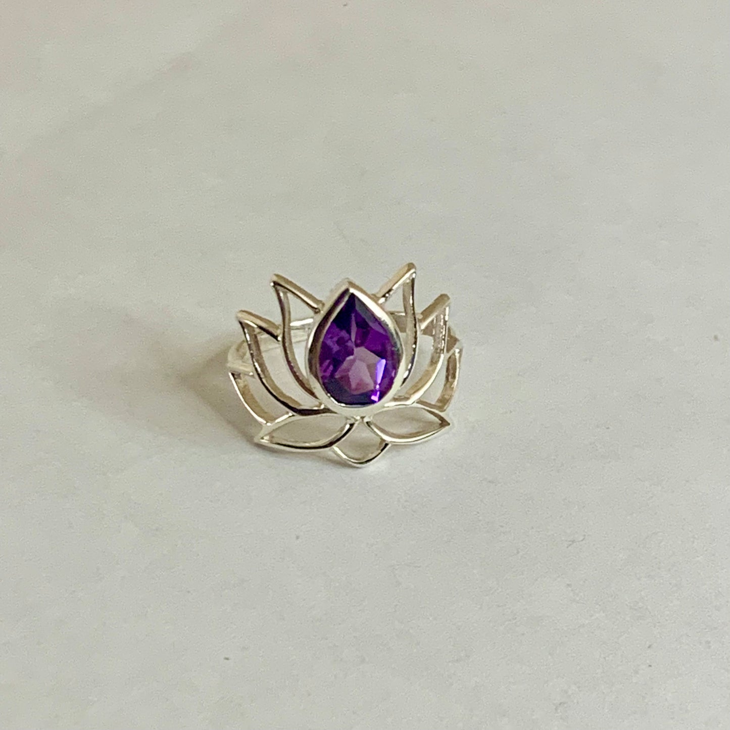 Faceted Amethyst Silver Lotus Ring