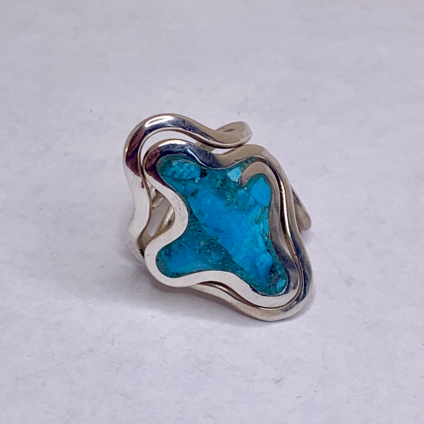 Adjustable Turquoise and Coral Silver Inlay Ring