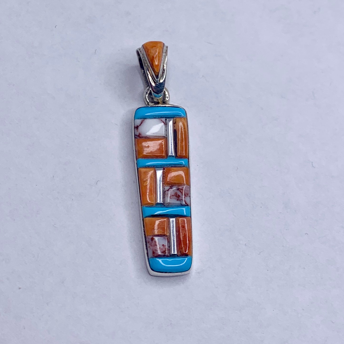 Coral and Turquoise Inlay Silver Pendant