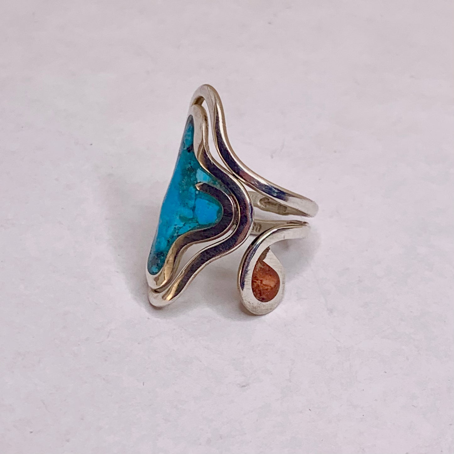 Adjustable Turquoise and Coral Silver Inlay Ring